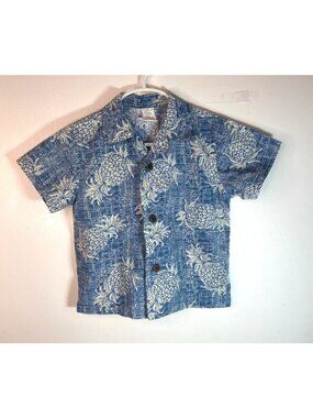 Boys Palmwave Hawaiian Pineapple Print Blue Button-Up Short Sleeve Shirt Size 4